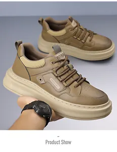 Close-up of khaki retro men's platform sneaker with textured leather and thick anti-slip sole