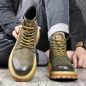 Retro olive green nubuck leather work boots for men with durable yellow rubber outsole
