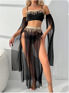 Ensemble lingerie en tulle noir sexy avec franges pailletées dorées et jupe longue en voile