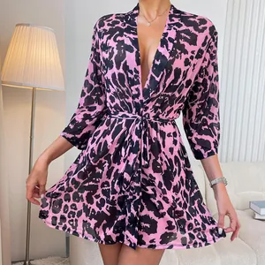Detail view of pink leopard print chiffon robe with deep V-neck and adjustable waist tie