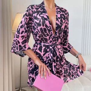 Pink and black leopard print mesh kimono robe with a deep V-neck and tie waist