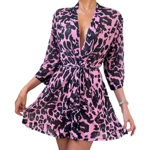 Sexy pink leopard print short robe with V-neckline and belted waist for women