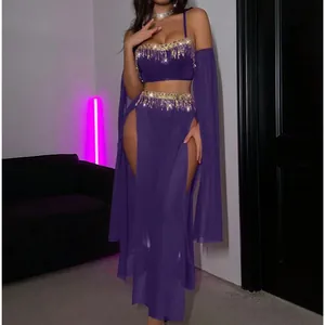 Ensemble lingerie sexy en maille violette avec paillettes et franges dorées cosplay