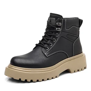 Bottines Martin noires pour hommes avec coutures blanches et semelle crantée kaki
