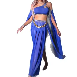 Königblaues griechisches Göttin Kostüm mit One-Shoulder-Top und Chiffonrock mit Schlitz