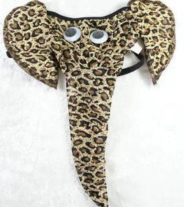 Detailed top view of leopard print novelty briefs with elephant trunk design on white fur