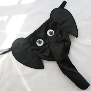 Men's novelty black elephant thong underwear with large ears and a long trunk design