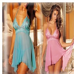 Lingerie Sexy pour Femmes Nuisette Dentelle Patchwork Maille Pyjama Transparent Dos Nu Col en V Chemise de Nuit Sous-vêtements