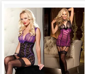 Chemise Sexy pour Femmes Violet Noir en Dentelle et Maille Avec Bas Haut et Bas Col en V Profond Lingerie de Nuit