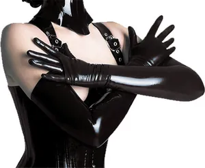 Close-up of shiny black latex long gloves and matching high-neck corset on model