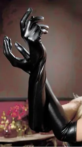 Long black patent leather over-elbow gloves with high-gloss finish for women