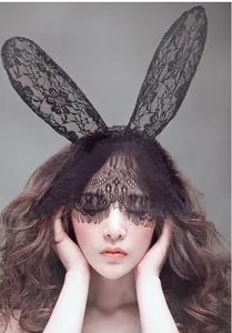 Elegant black lace rabbit ear headband with sheer eye veil for sexy costume parties