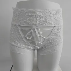 Elegant white high-waisted lace panties featuring center ribbon lace-up detail on mannequin