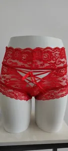Elegant red lace panty with intricate floral patterns and sexy cross ribbon tie detail