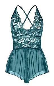 Détail d'un body en dentelle bleu canard avec décolleté en V et maille plissée sheer