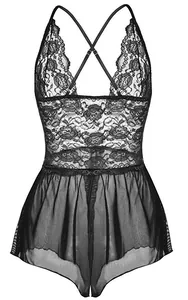 Détails de la lingerie en dentelle noire avec fleurs brodées et bretelles croisées