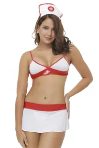 Detailed view of sexy nurse cosplay set with red cross emblem and matching headband