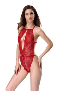 Detailed view of red lace lingerie bodysuit featuring deep V-neck and halter design
