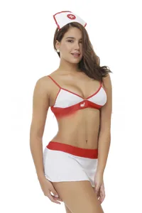 Detailed shot of sexy white nurse costume with red trim and cross emblem on white background