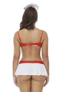 Rear view detail of three-piece nurse lingerie set with red straps and pleated skirt