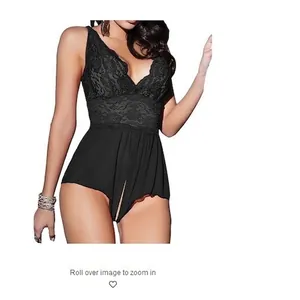 Body sexy en dentelle noire transparente pour femme avec décolleté en V et broderies