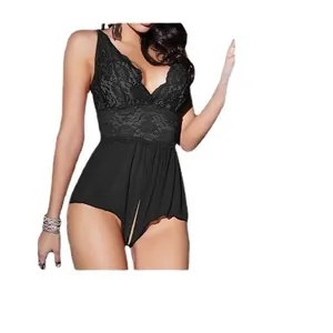 Body lingerie sexy en dentelle et mesh noir avec col en V pour femmes en noir uni