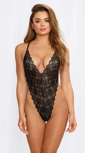 Body sexy en dentelle florale noire avec décolleté en V profond et coupe haute chic