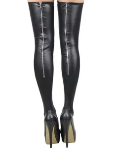 Detailed back view of black faux leather over-knee high heel boots with silver zipper