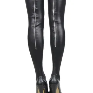 Faux leather thigh-high stockings with back metal zipper and high gloss finish