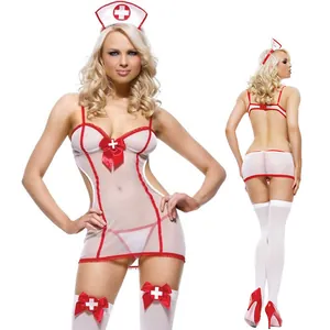 Women Sexy Nurse Role Play Lingerie Bodysuit White Red Spandex Contrast Costume For Halloween Party Uniform Top And Bottom
