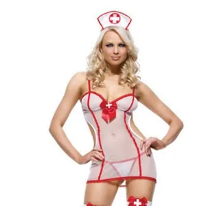 Sexy nurse cosplay lingerie set with sheer white mesh bodysuit and red cross headpiece