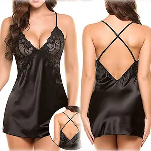 Women Sexy Lace Patchwork Satin Nightgown Crisscross Back Deep V Neck Spaghetti Strap Sleepwear Lingerie Sleep Dress