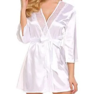 Peignoir élégant en satin blanc avec dentelle délicate et ceinture pour femme