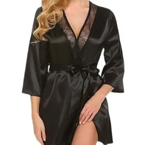 Peignoir élégant en satin noir pour femme avec bordure en dentelle et ceinture réglable à la taille