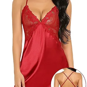 Red silk satin nightdress with floral lace trim and back cross strap details