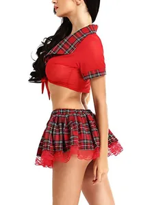 Detail of red plaid schoolgirl uniform with lace trim and lace-up crop top