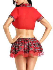 Detail of red short-sleeve crop top and plaid mini skirt on female model's back