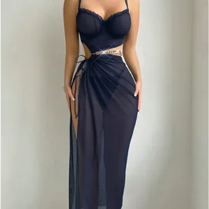 Women Sexy Mesh Lingerie Set Transparent Cut Out High Slit Long Skirt With Metal Chain Lace Up Bikini Top And Bottom