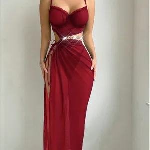Sexy burgundy mesh bodysuit dress with gold chain details and side cutout design