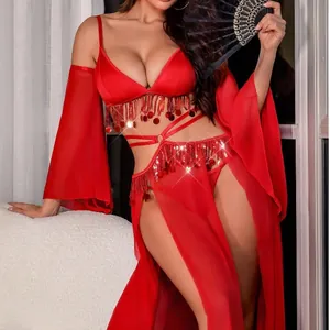 Ensemble Lingerie Femme Sexy Exotique Rouge en Mesh Transparent Avec Franges Et Paillettes Style Exotique Top And Bottom