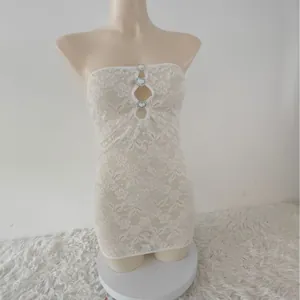 Lingerie Sexy Femmes Dentelle Transparent Jupe Bodycon Col V Profond Cœur Strass Ajouré Vêtements de Nuit Top And Bottom