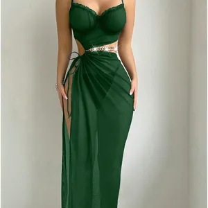 Sexy dark green mesh bikini cover-up maxi dress with side slit and metal chain link detail
