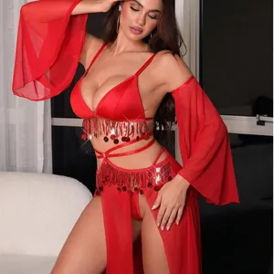 Ensemble de lingerie exotique rouge avec paillettes, glands et maille transparente