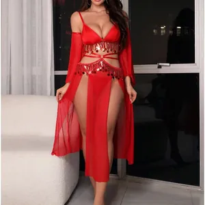 Ensemble lingerie 3 pièces rouge en résille avec paillettes, franges et cache-maillot