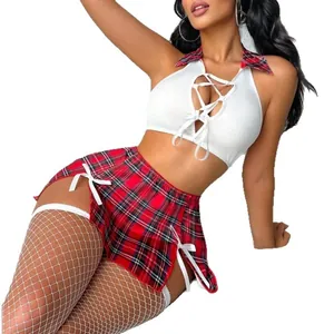Two-piece sexy schoolgirl uniform with plaid mini skirt and white halter top set