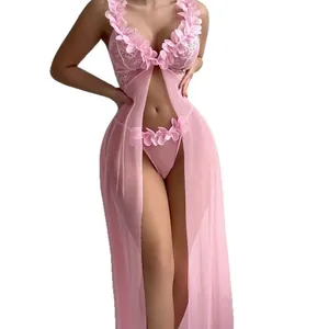 Set camicia da notte lunga sexy in pizzo rosa con scollo a V profondo e spacco alto