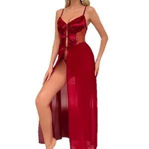 Sexy dark red satin and mesh nightgown with high slit and lace trim details