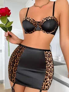 Lace leopard print and black satin lingerie set with garter straps and rose detail