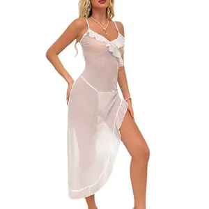 Nuisette sexy en maille blanche avec col en V à volants et ourlet asymétrique