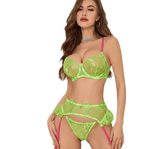 Neon green lace lingerie set with pink straps and ruffled garter belt for women